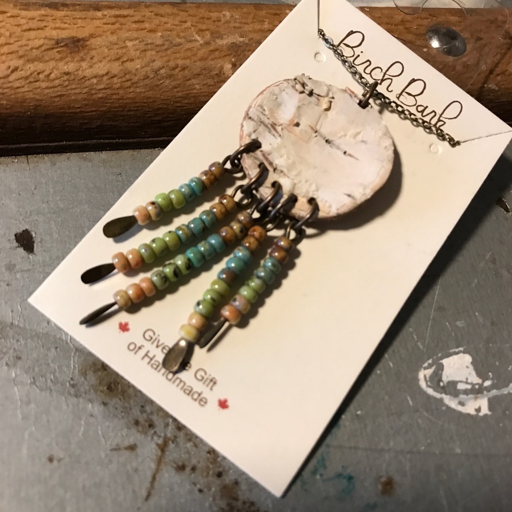 NWT bead & birch bark necklace.